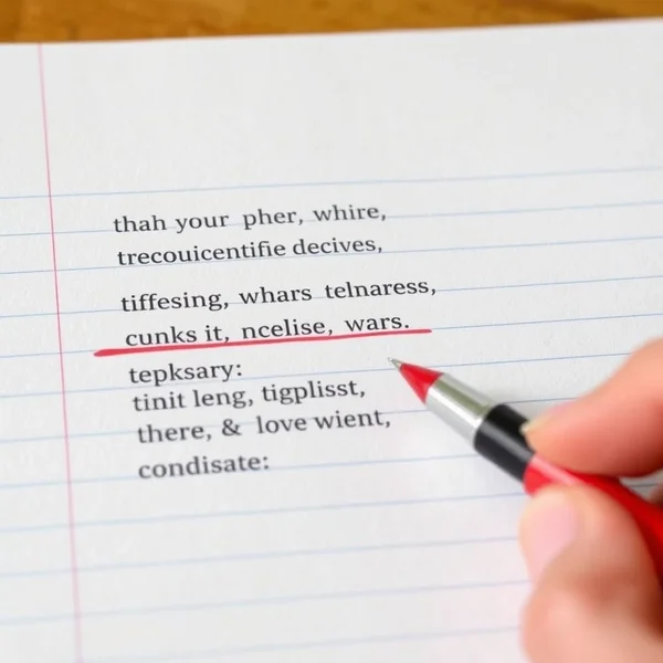 A hand using a red pen to cross out text on a piece of paper, illustrating the phrasal verb 'cross out'