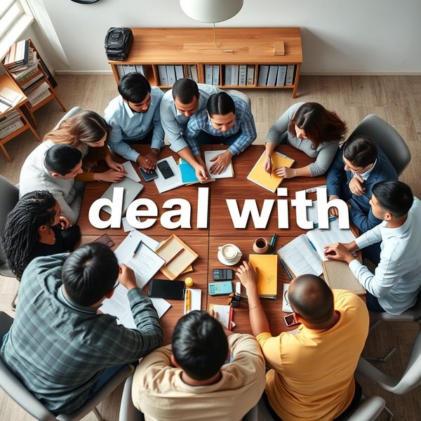 一张图片，展示人们合作完成任务，说明短语动词' deal with '