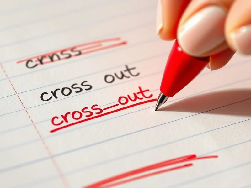 A hand using a red pen to cross out text on a piece of paper, illustrating the phrasal verb 'cross out'