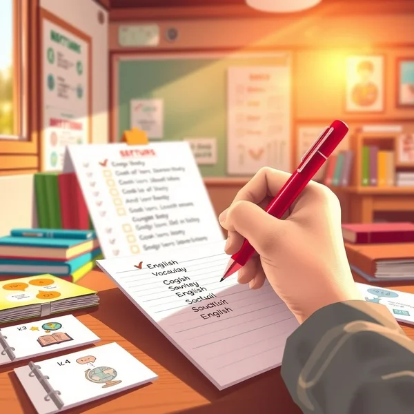 A hand using a red pen to cross out text on a piece of paper, illustrating the phrasal verb 'cross out'