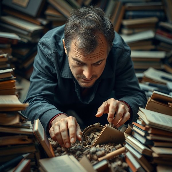 Birinin bir yığın kitap veya kutu arasından bilgi çıkarmaya çalıştığını gösteren bir resim