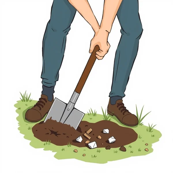 情報や物をシャベルで掘り起こそうとしている人を示すイラスト。フレーズ動詞「dig up」を表しています。