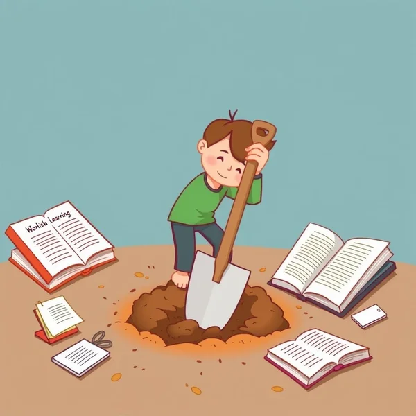 Ilustrasi yang menunjukkan seseorang berusaha menggali informasi atau objek dengan sekop, mewakili phrasal verb 'dig up'