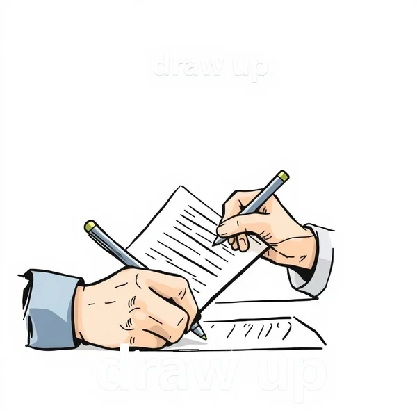 صورة تظهر شخصًا يعد وثيقة بدقة، توضح الفعل المركب "draw up"