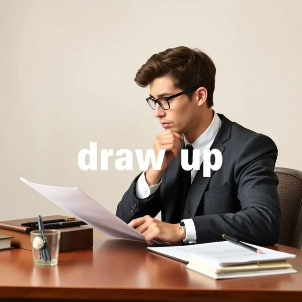 문서를 신중하게 준비하는 사람의 이미지, 구동사 'draw up'을 나타냅니다.