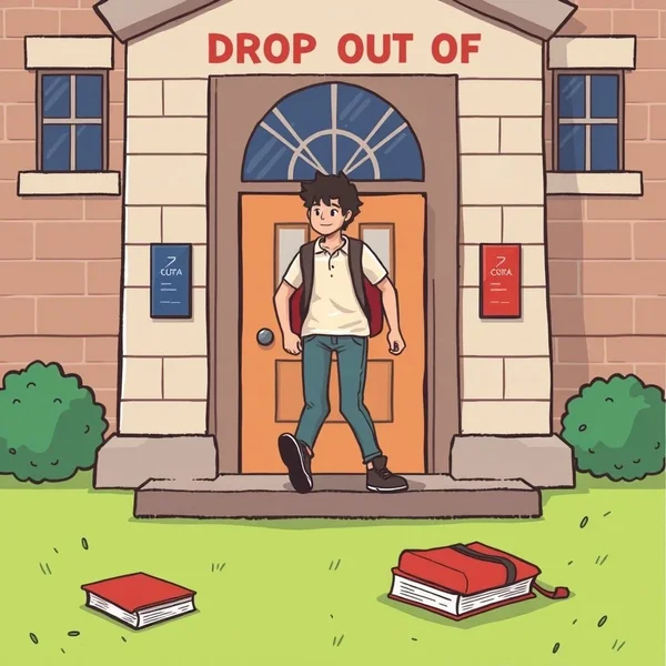 Immagine che illustra qualcuno che lascia una scuola, con la didascalia: Comprendere il significato di Drop out of per migliorare la fluidità in inglese