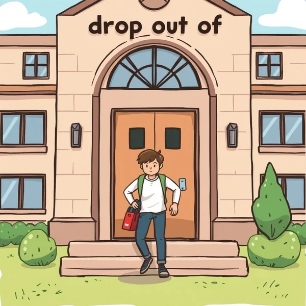 학교에서 나가는 사람을 보여주는 이미지, 캡션: Drop out of의 의미 이해하기로 영어 유창성 향상하기