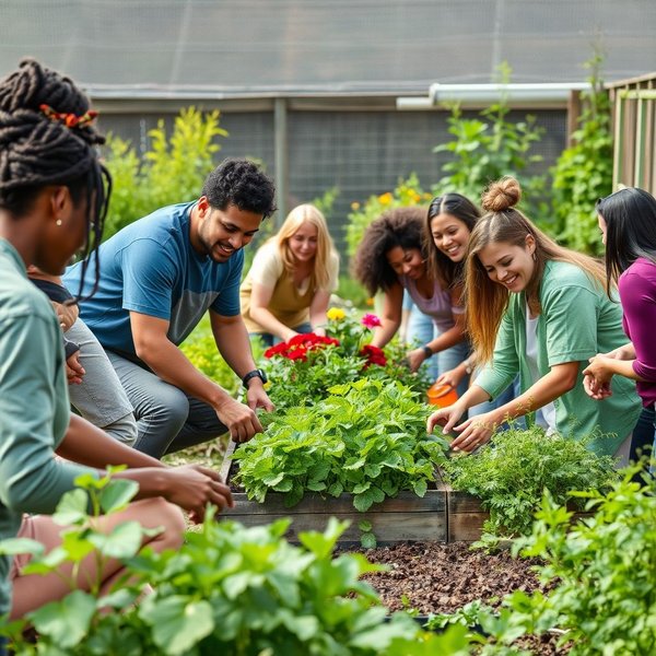 Persone che lavorano insieme per drum up supporto per un giardino comunitario