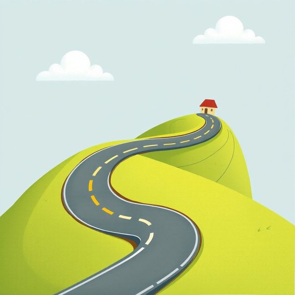 Gidilecek beklenmedik bir hedefe kadar kıvrılan bir yolu gösteren bir resim, "end up" kavramını illustre ediyor.