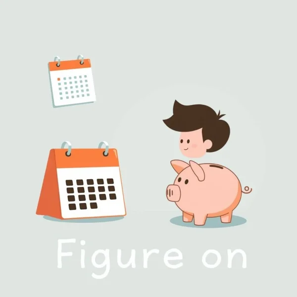 Eine Person, die auf einen Kalender und ein Sparschwein schaut, um das Planen und Erwarten mit dem Phrasal Verb Figure on zu veranschaulichen