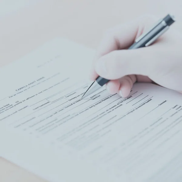 Een persoon die met een pen een document invult