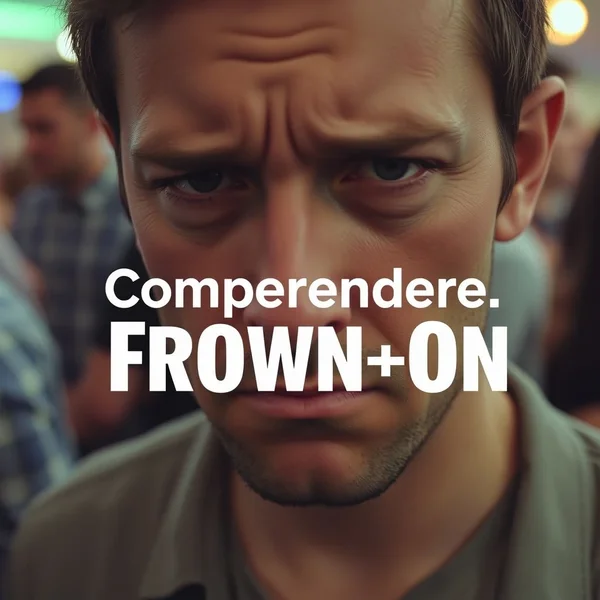 Immagine che rappresenta la disapprovazione, forse una persona che aggrotta leggermente le sopracciglia di fronte a una scena, con il testo "Comprendere Frown On" sovrapposto