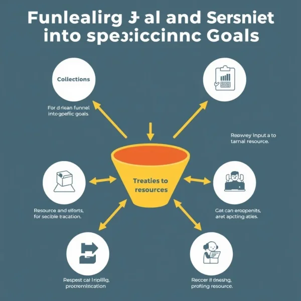 Image depicting resources being funnelled into a project, illustrating the phrasal verb "funnel into"