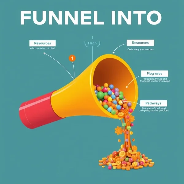 Image depicting resources being funnelled into a project, illustrating the phrasal verb "funnel into"