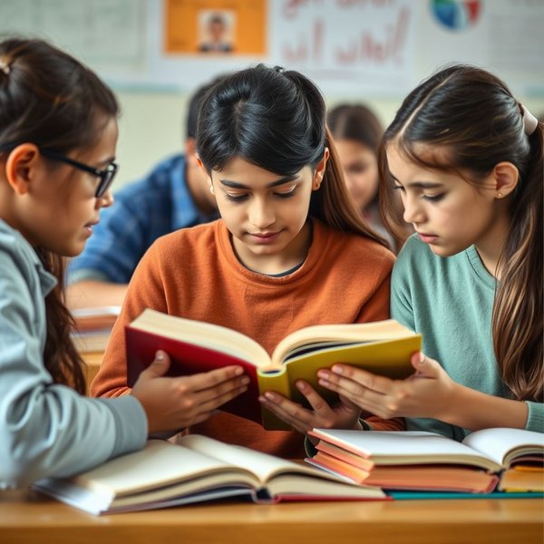 Afbeelding van studenten die gefocust op hun boeken zijn, wat de toewijding aan "Get down to" studeren illustreert