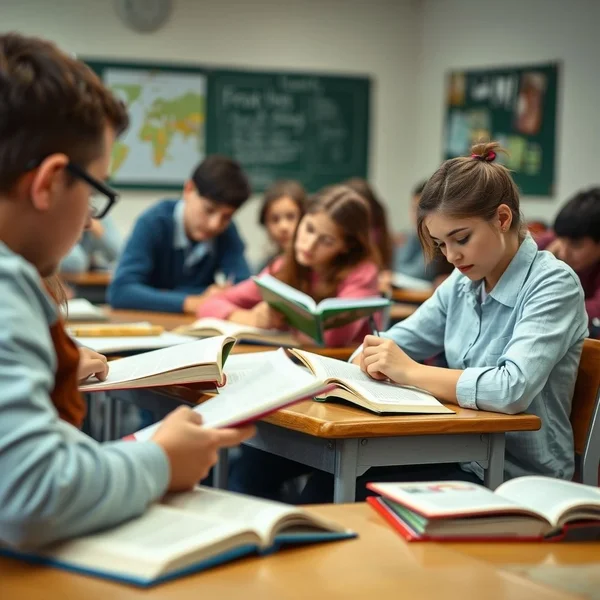 学生たちが本に集中している様子を描いた画像。 "Get down to" 勉強への取り組みを示しています